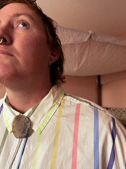 Grey Agate slab Bolo Tie With White Leather Cord and Silver Tone Tips