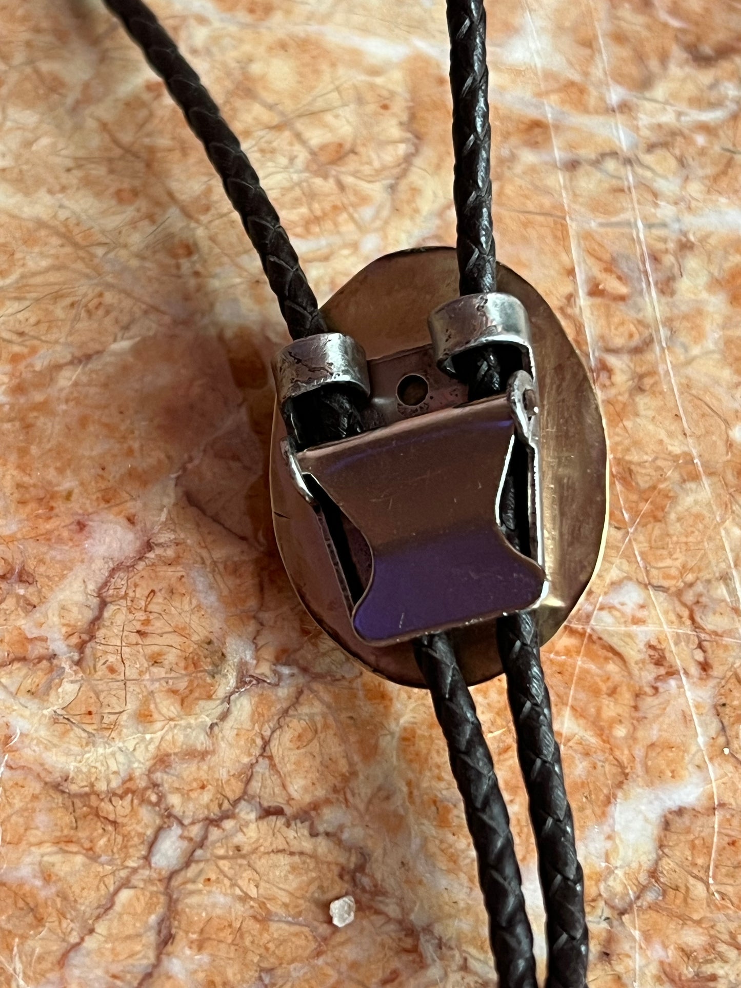 Red Aventurine Brass Bolo Tie with Brown Leather Cord and Gold Tone Tips