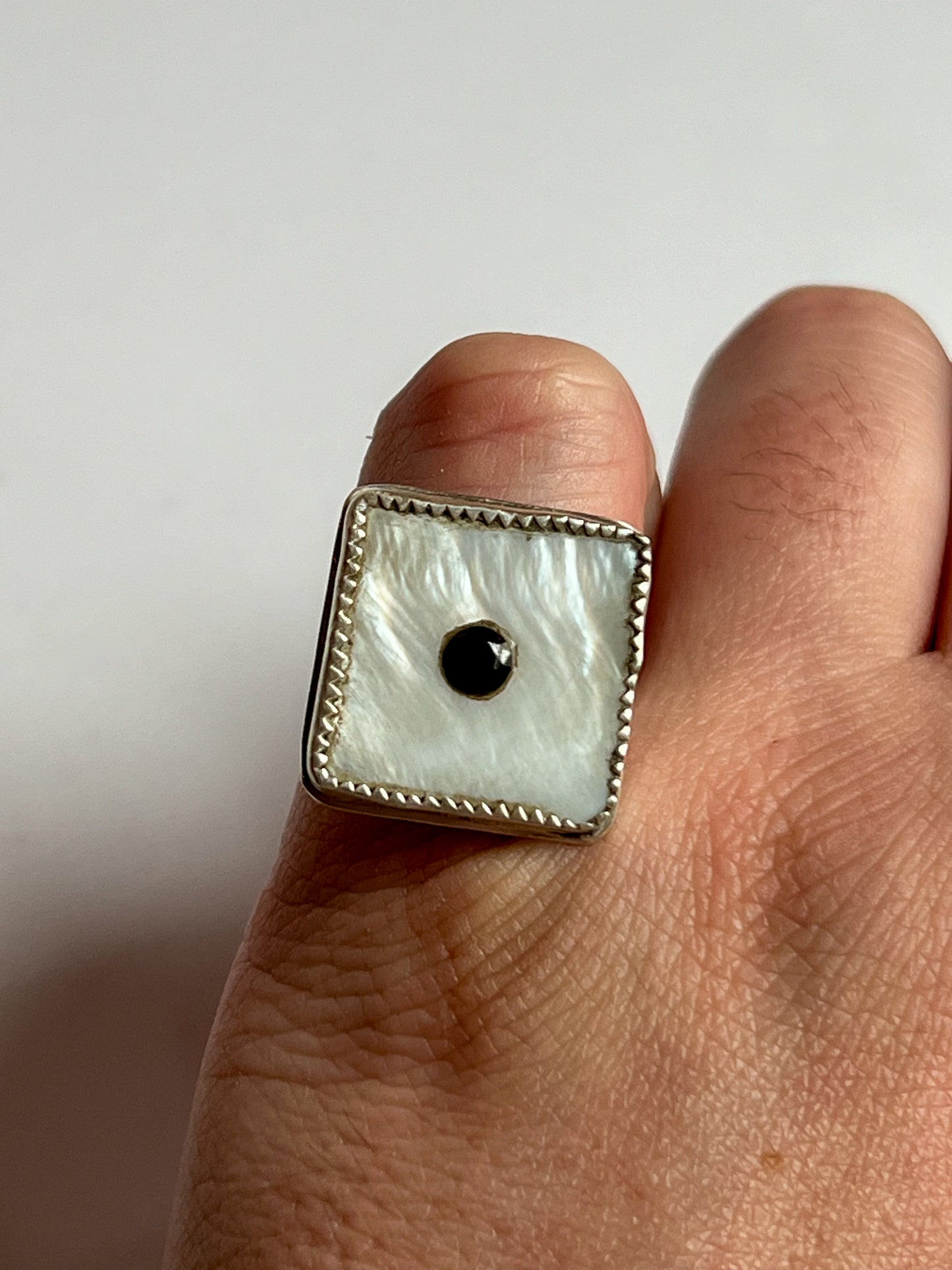 Obsidian Inlaid Mother of Pearl Dice Ring In Sterling Silver size 5.5