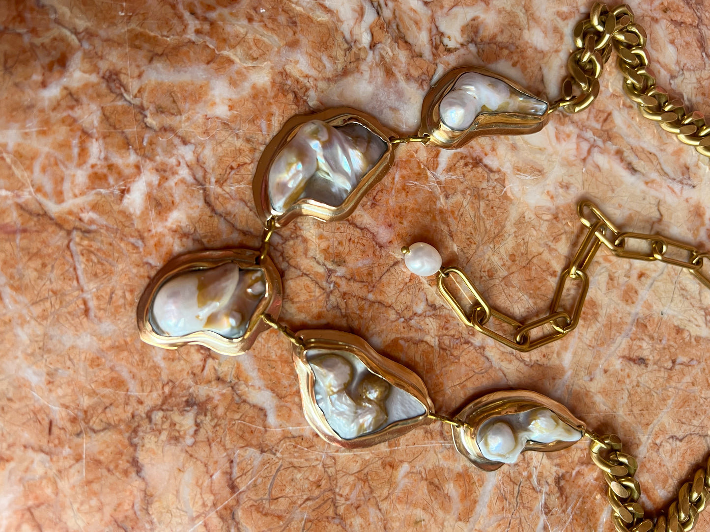 Heavy Statement Bezel-Set Pearl Cluster Chain Necklace