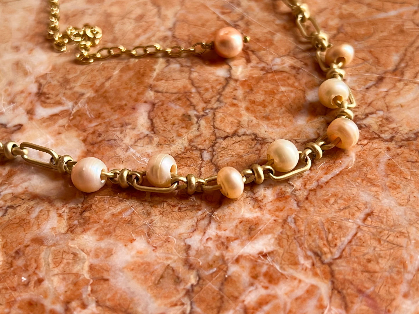 Vintage Matte Finish Chain Necklace with Captive Peach and Cream Pearls