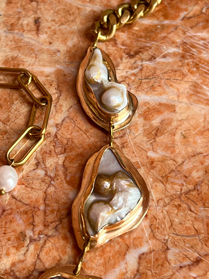 Heavy Statement Bezel-Set Pearl Cluster Chain Necklace