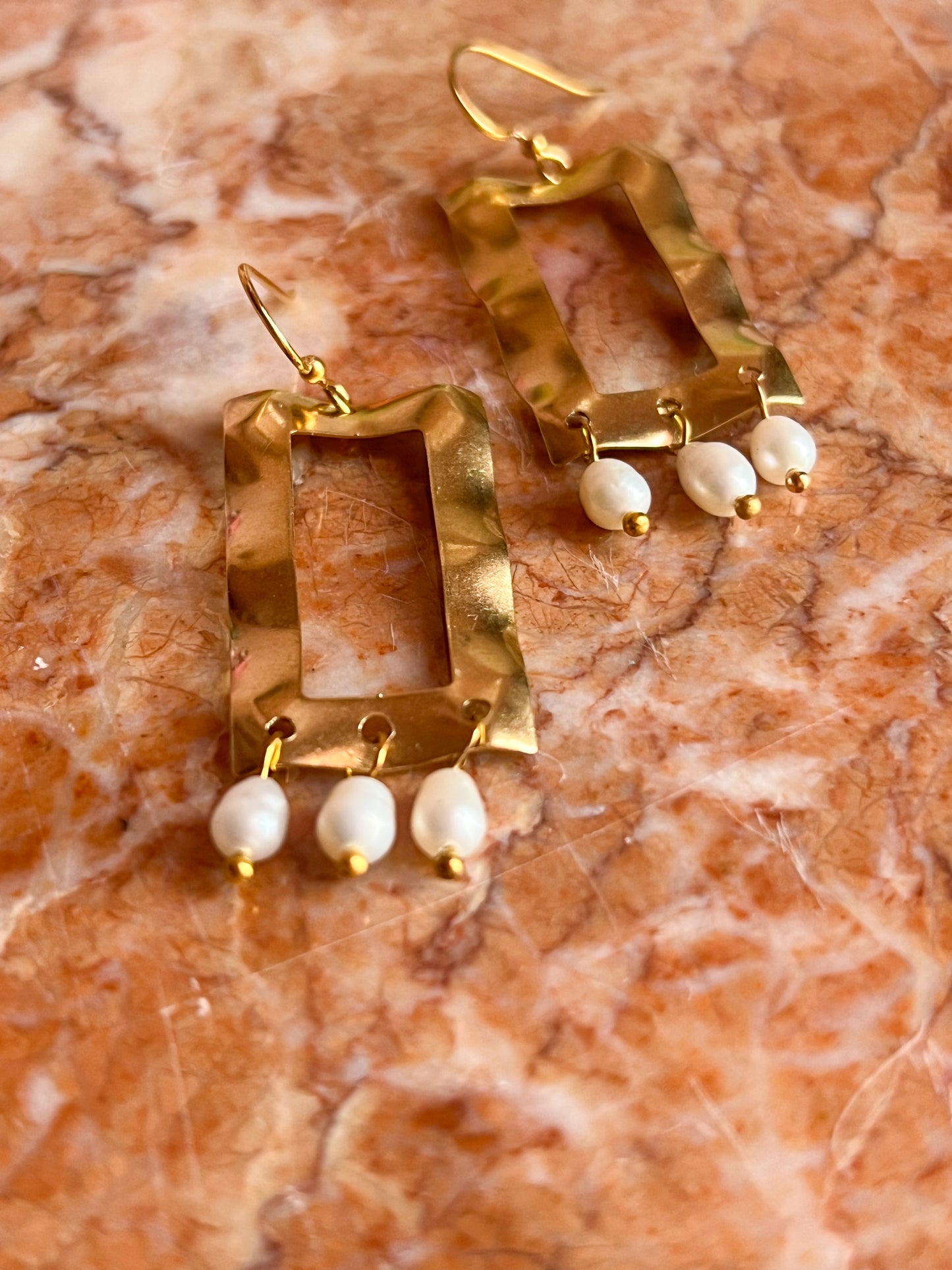 Brass Wiggly Frame Earrings Fringed with Seed Pearls