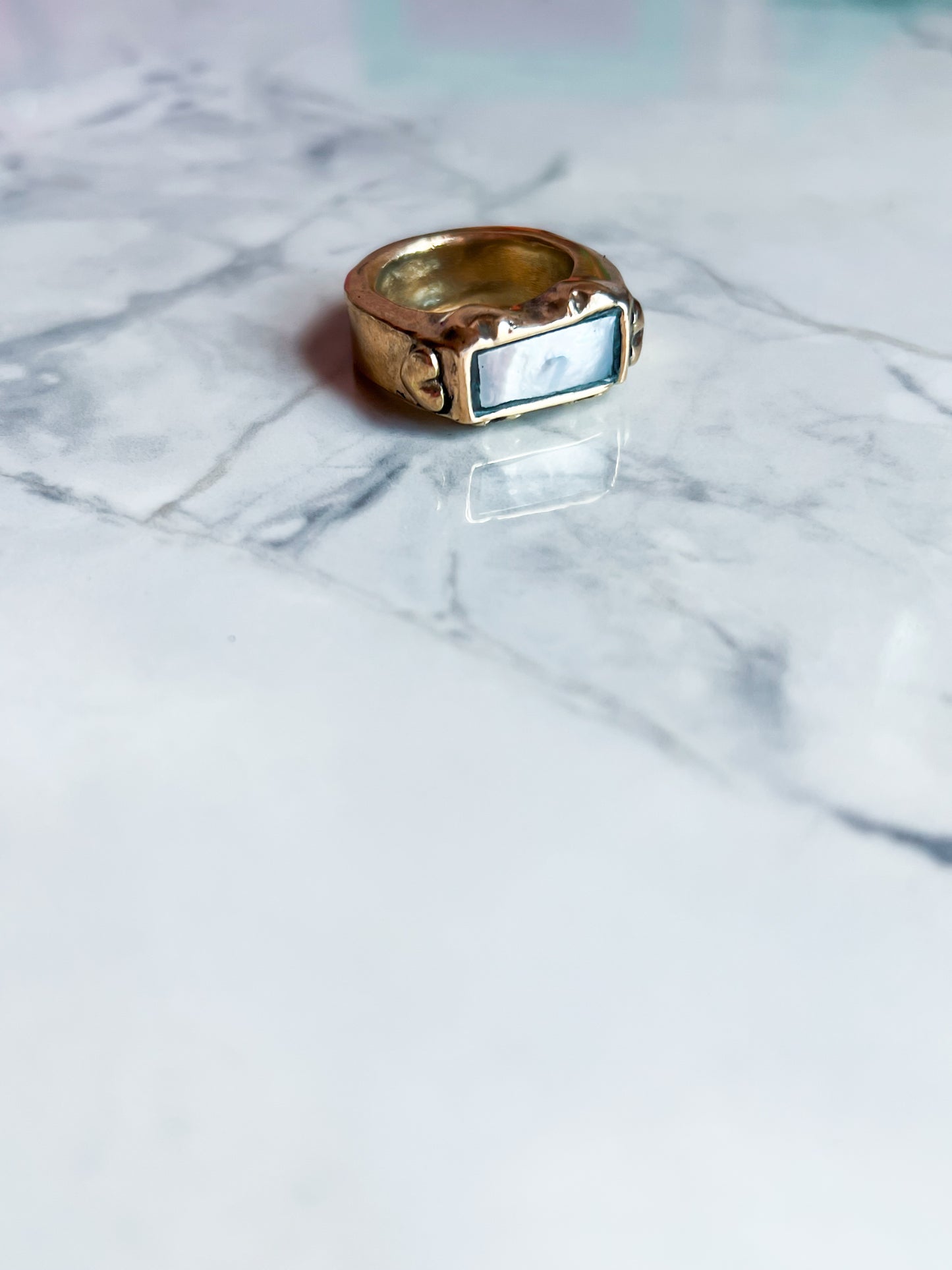 Brass Hollow Formed Ring with Vintage Heart Details and Inlaid Mother of Pearl