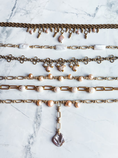 Vintage Matte Finish Chain Necklace with Captive Peach and Cream Pearls