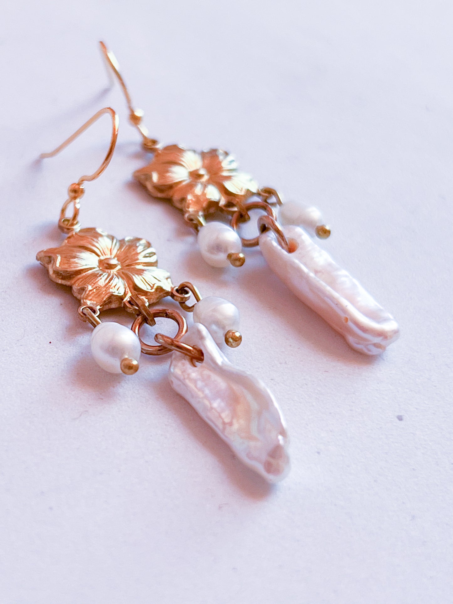 Antique Brass Flower Earrings With Baroque Pearl Fringe
