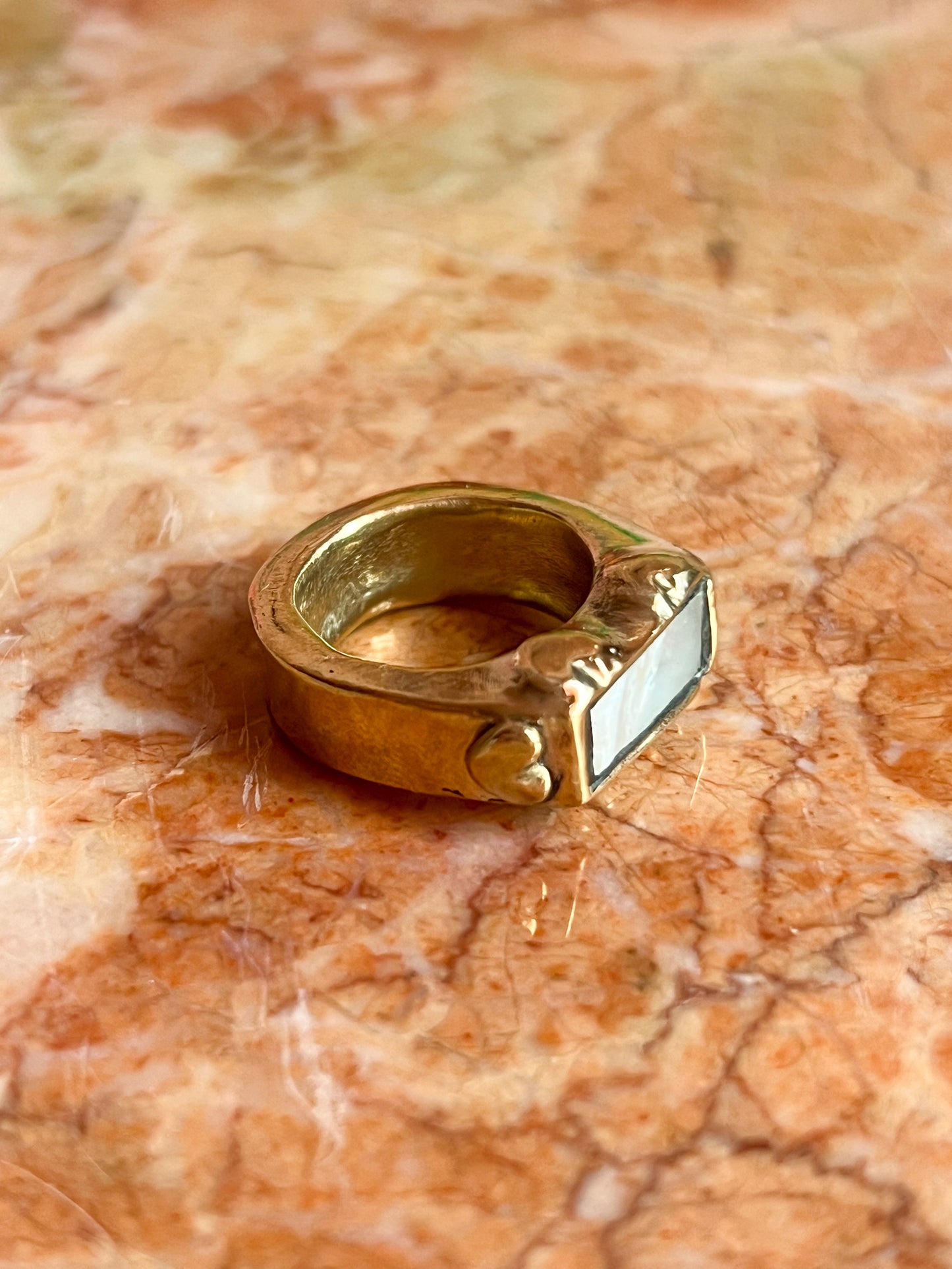 Brass Hollow Formed Ring with Vintage Heart Details and Inlaid Mother of Pearl