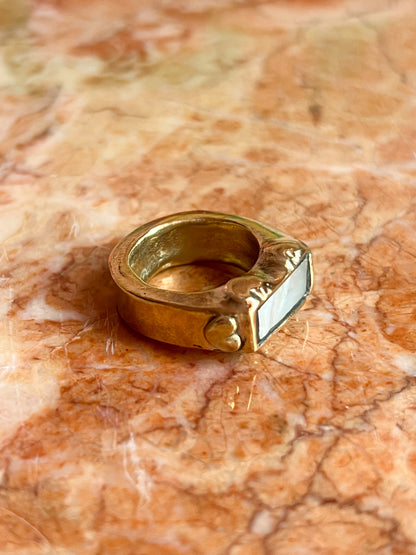 Brass Hollow Formed Ring with Vintage Heart Details and Inlaid Mother of Pearl