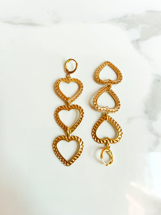 Brass Chain Link Embossed Heart Stack Earrings