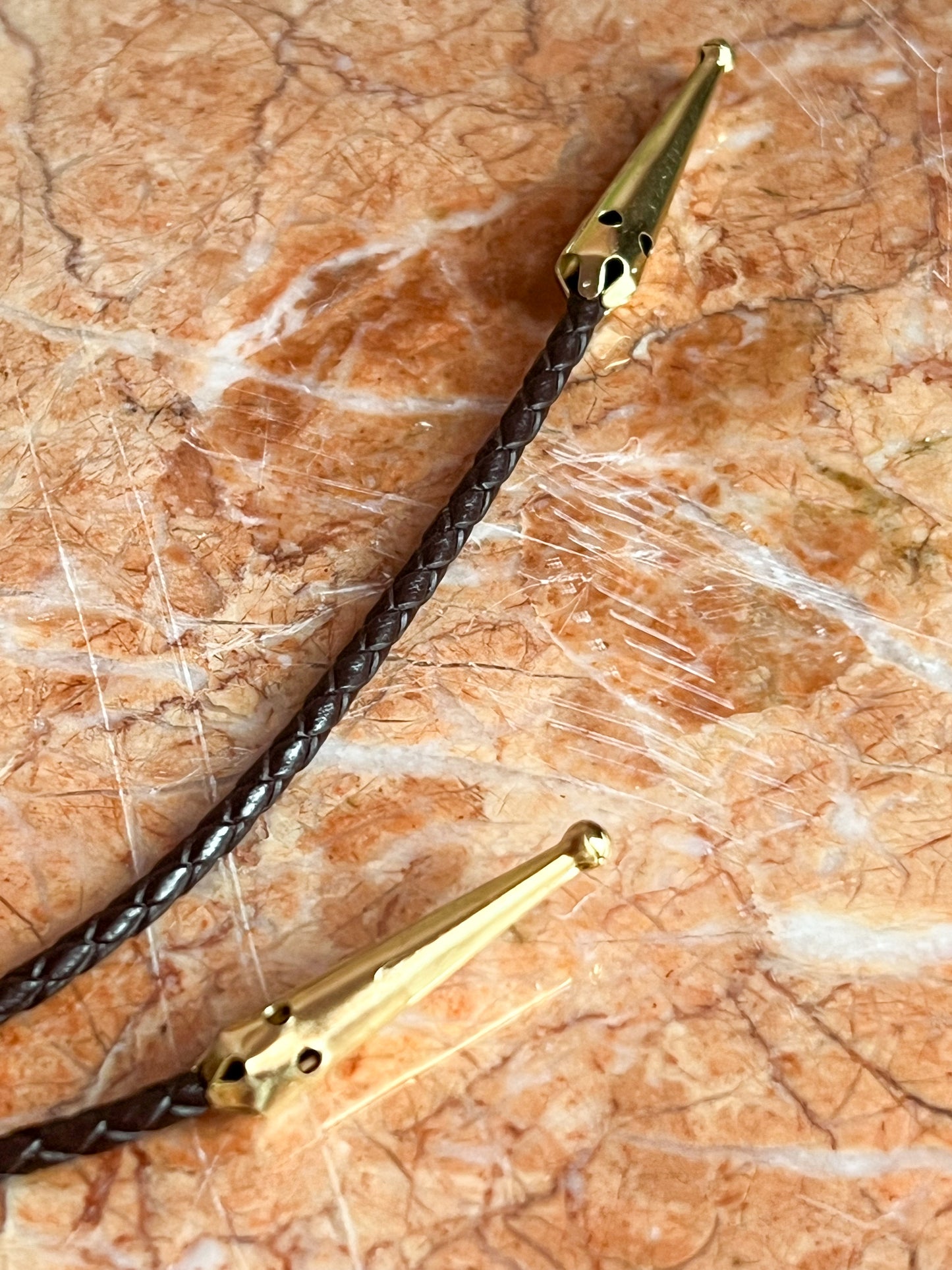 Unakite Jasper Brass Bolo Tie with Brown Leather Cord and Gold Tone Tips