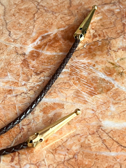Unakite Jasper Brass Bolo Tie with Brown Leather Cord and Gold Tone Tips
