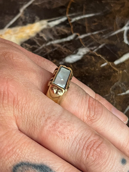 Brass Hollow Formed Ring with Vintage Heart Details and Inlaid Mother of Pearl