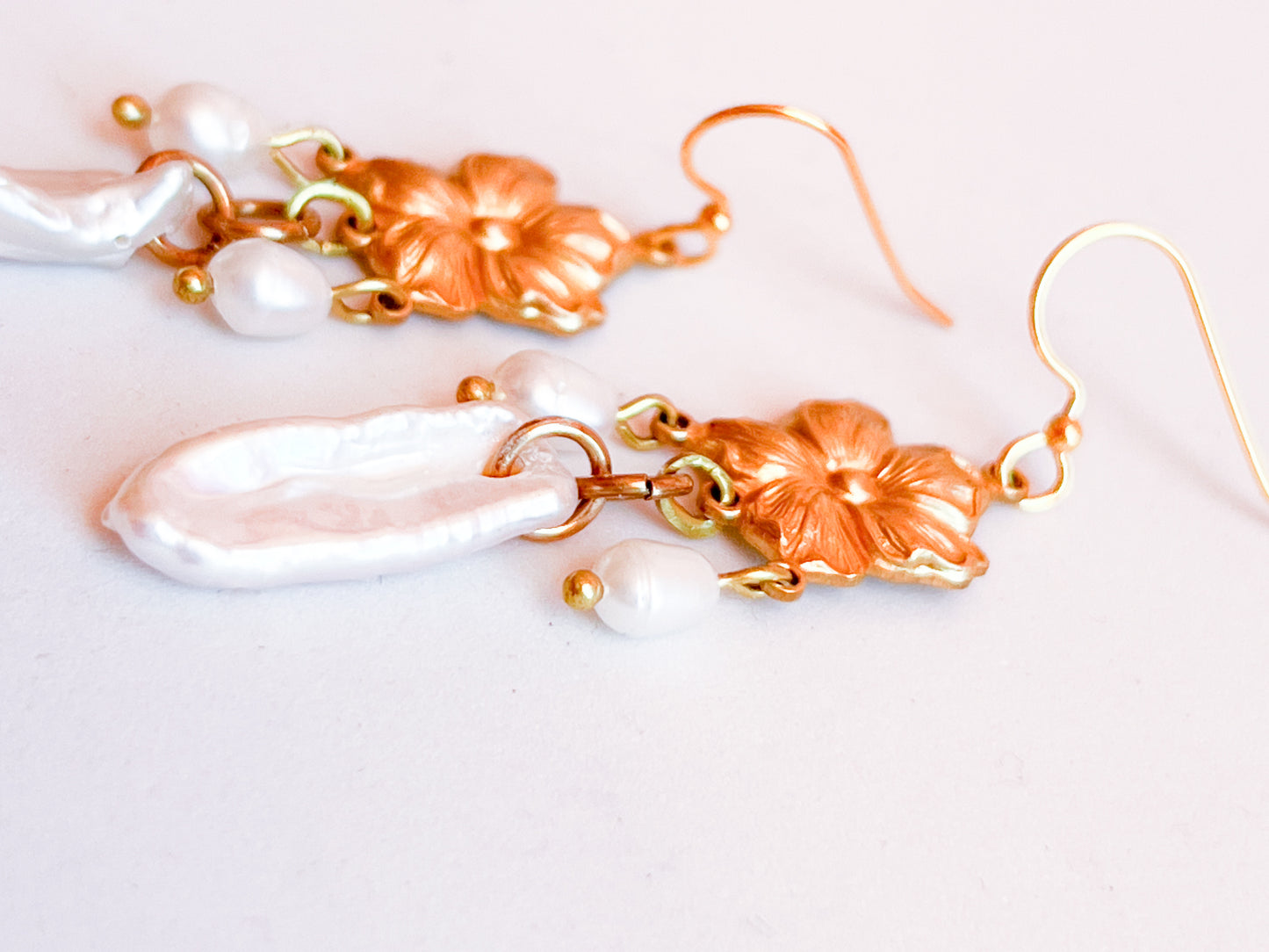 Antique Brass Flower Earrings With Baroque Pearl Fringe