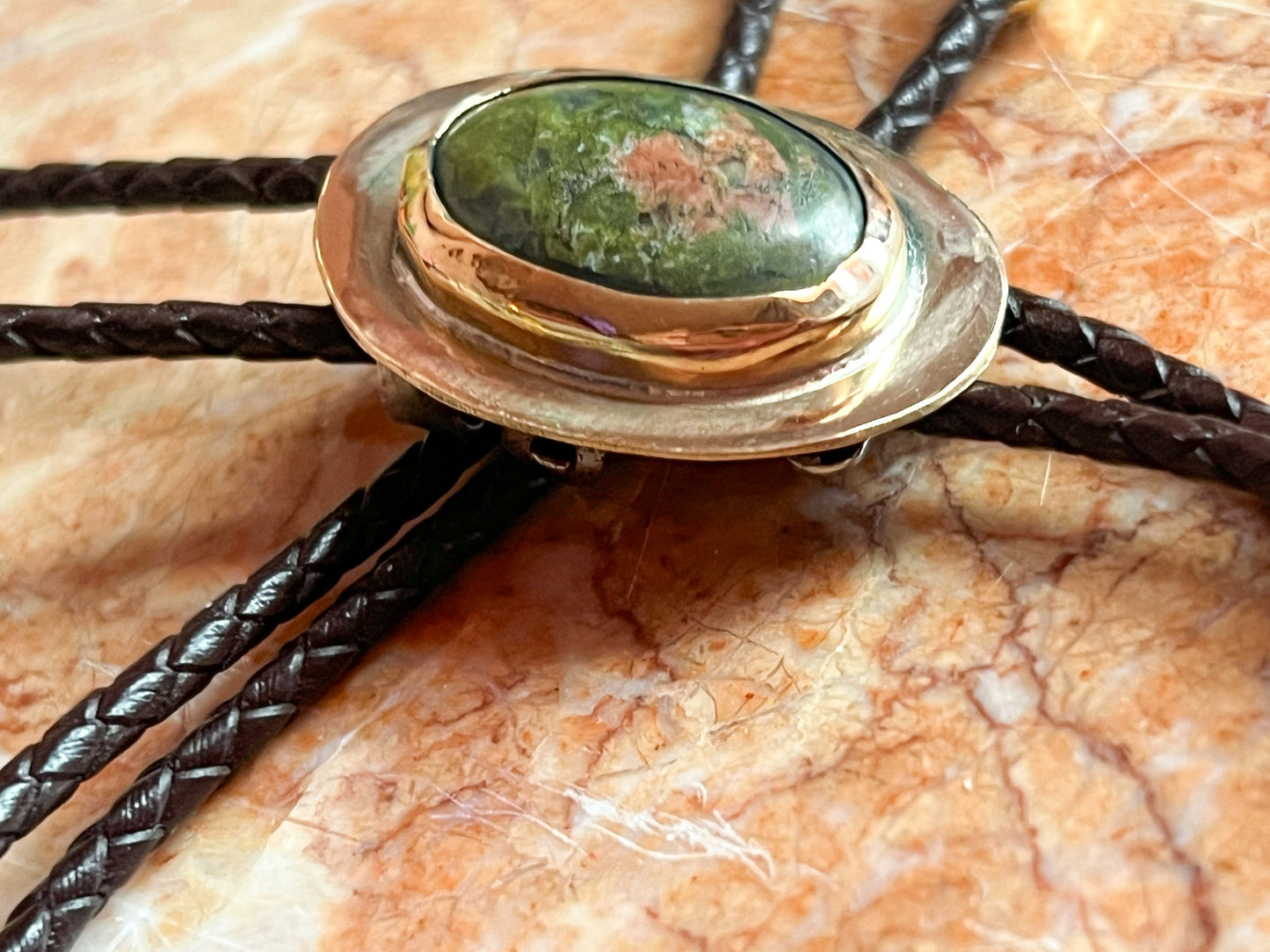 Unakite Jasper Brass Bolo Tie with Brown Leather Cord and Gold Tone Tips