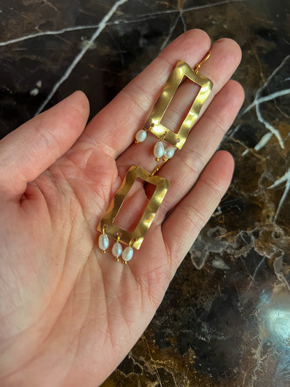 Brass Wiggly Frame Earrings Fringed with Seed Pearls