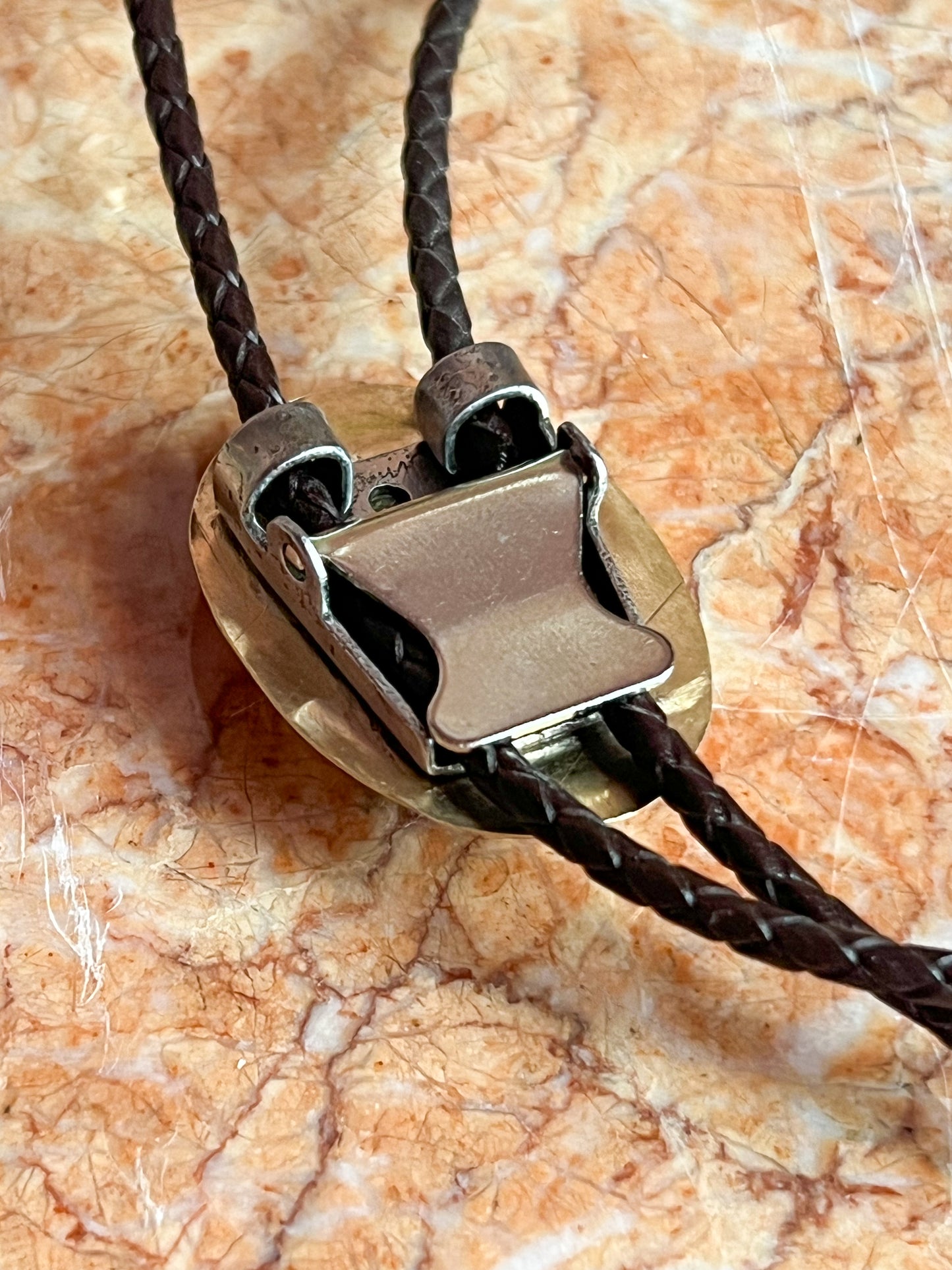Unakite Jasper Brass Bolo Tie with Brown Leather Cord and Gold Tone Tips