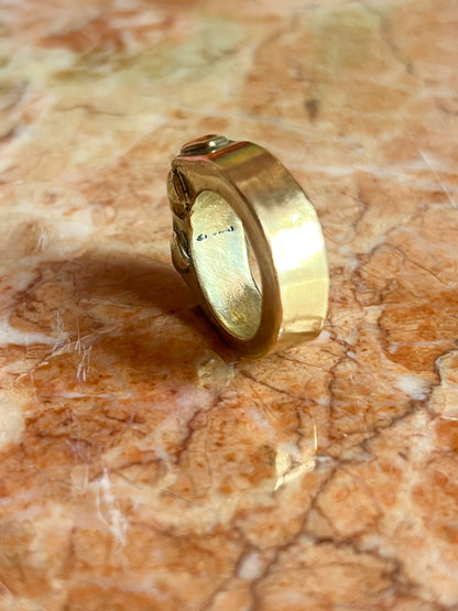 Brass Hollow Formed Ring with Vintage Heart Details and Inlaid Mother of Pearl