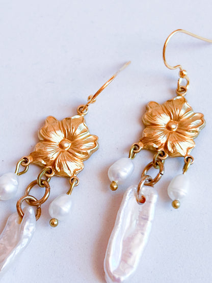 Antique Brass Flower Earrings With Baroque Pearl Fringe