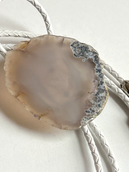 Grey Agate slab Bolo Tie With White Leather Cord and Silver Tone Tips