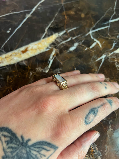 Brass Hollow Formed Ring with Vintage Heart Details and Inlaid Mother of Pearl