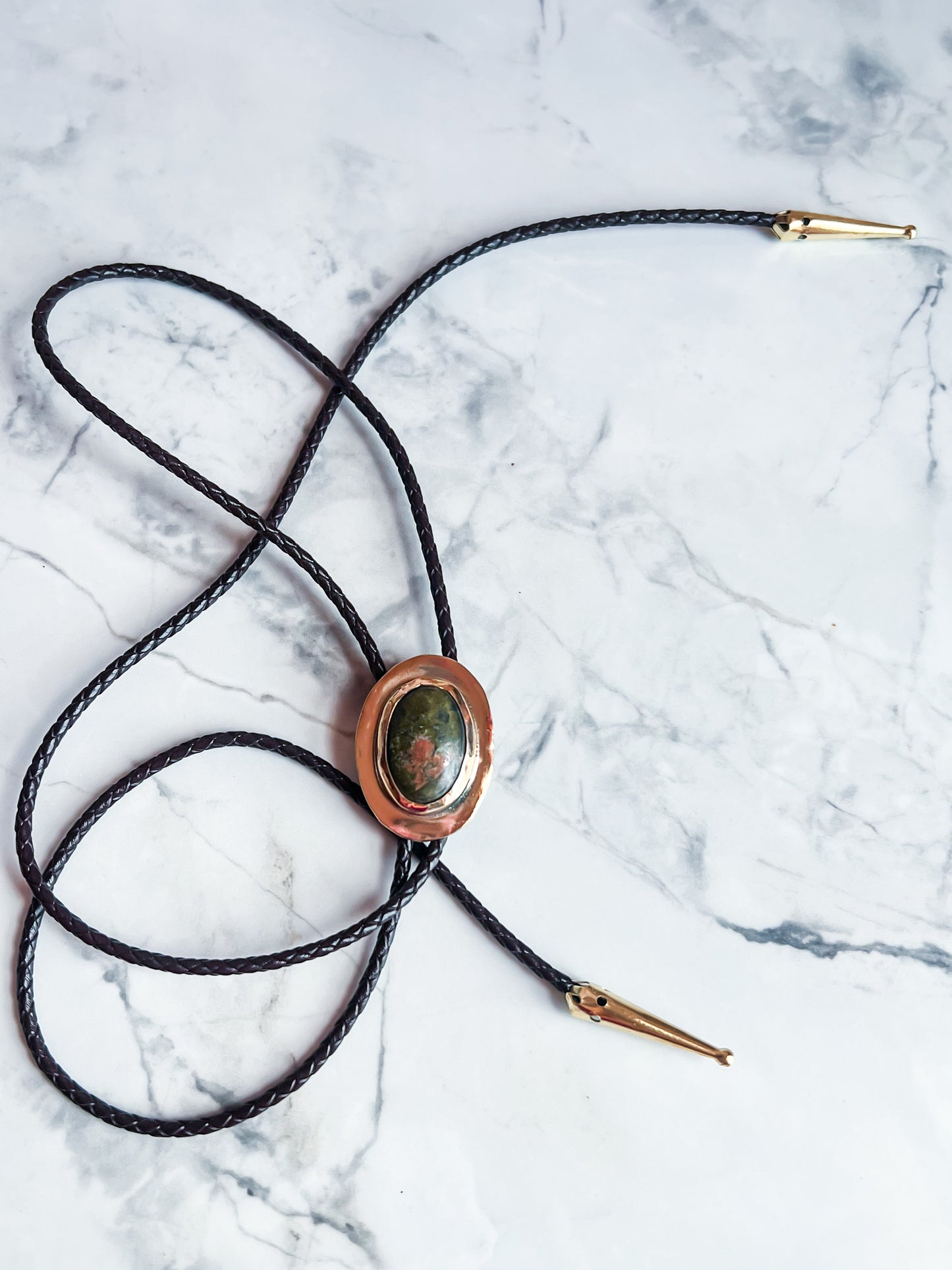 Unakite Jasper Brass Bolo Tie with Brown Leather Cord and Gold Tone Tips