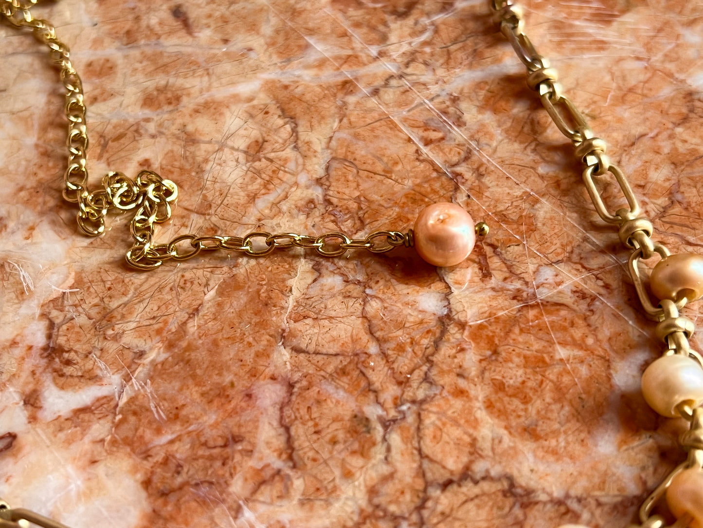 Vintage Matte Finish Chain Necklace with Captive Peach and Cream Pearls