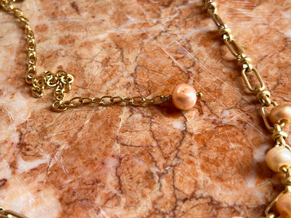 Vintage Matte Finish Chain Necklace with Captive Peach and Cream Pearls