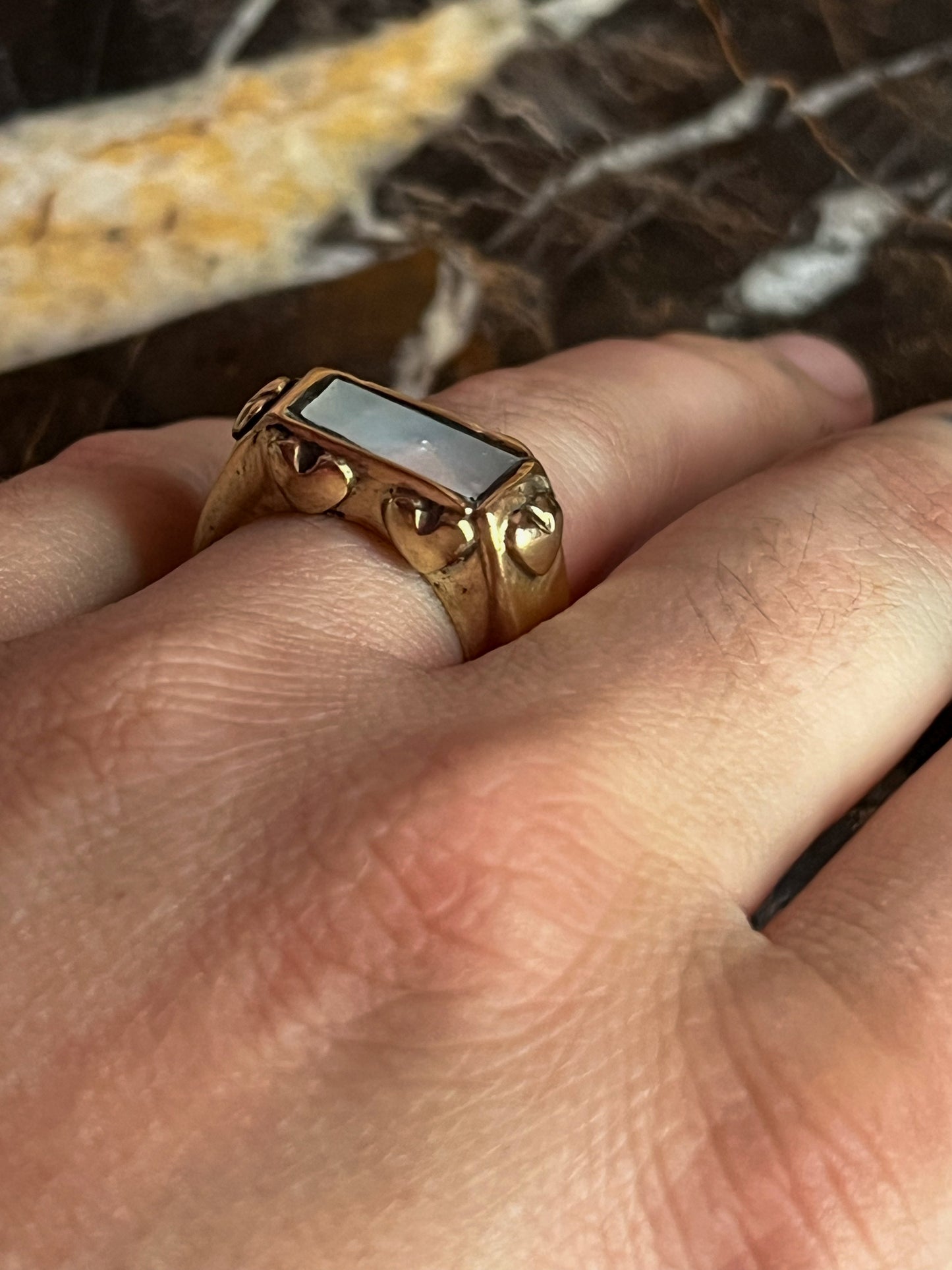 Brass Hollow Formed Ring with Vintage Heart Details and Inlaid Mother of Pearl