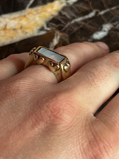 Brass Hollow Formed Ring with Vintage Heart Details and Inlaid Mother of Pearl