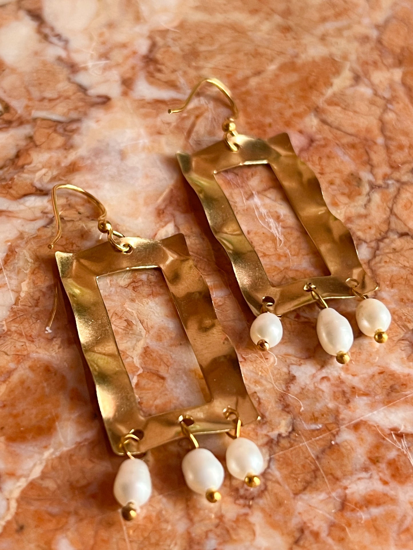 Brass Wiggly Frame Earrings Fringed with Seed Pearls