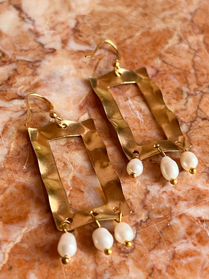 Brass Wiggly Frame Earrings Fringed with Seed Pearls