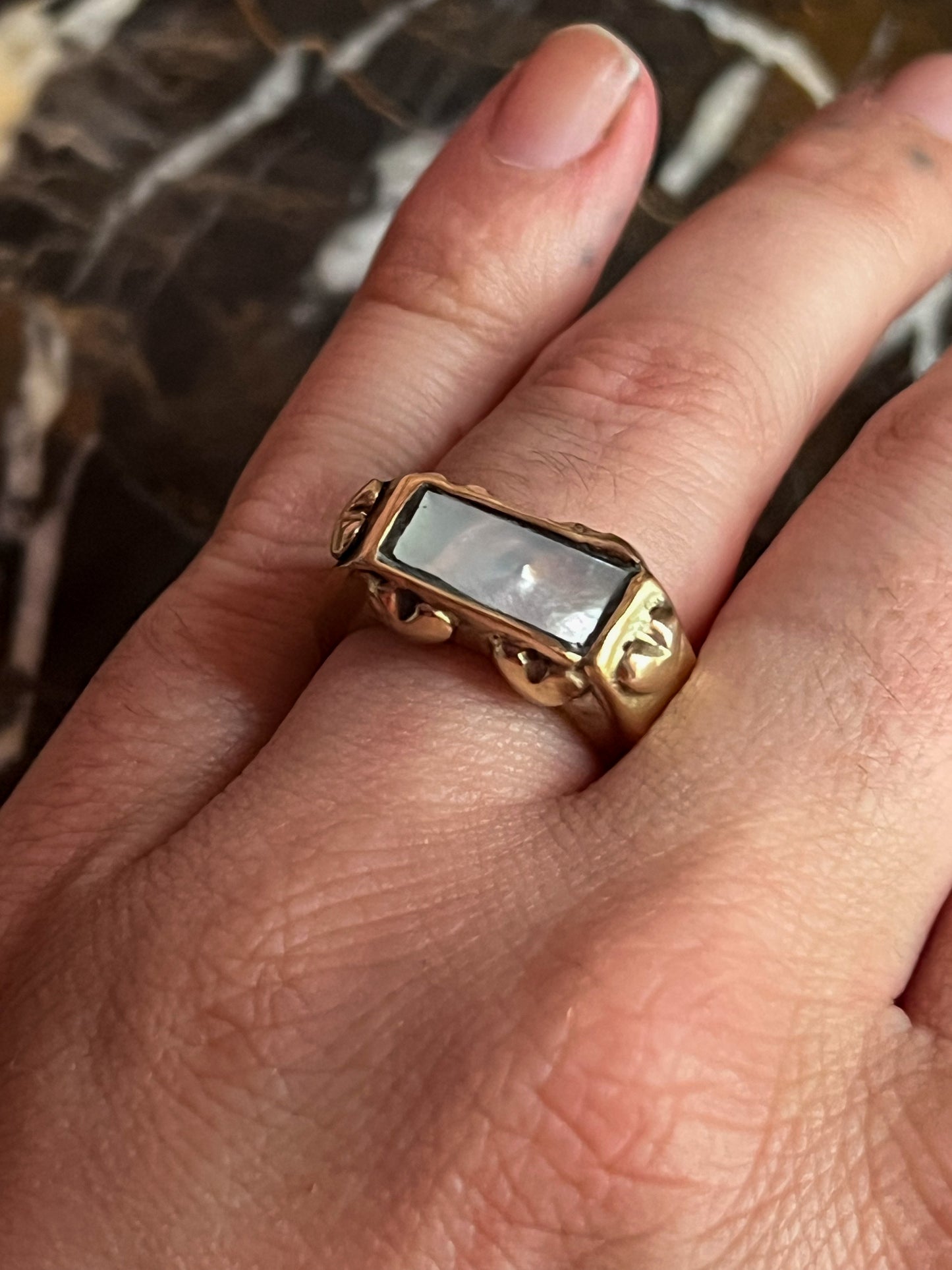 Brass Hollow Formed Ring with Vintage Heart Details and Inlaid Mother of Pearl