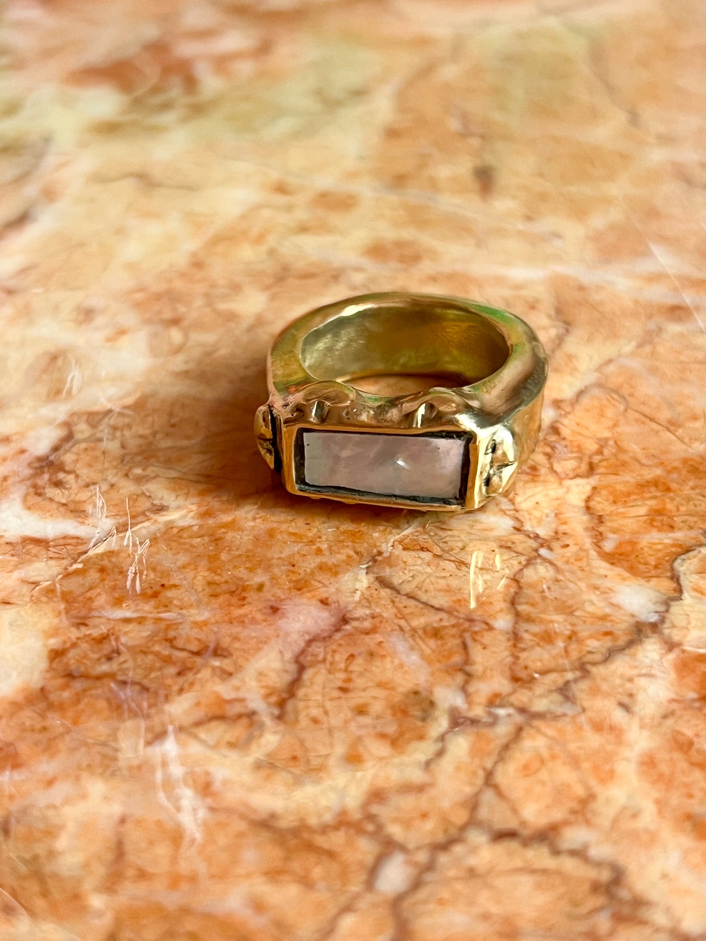 Brass Hollow Formed Ring with Vintage Heart Details and Inlaid Mother of Pearl