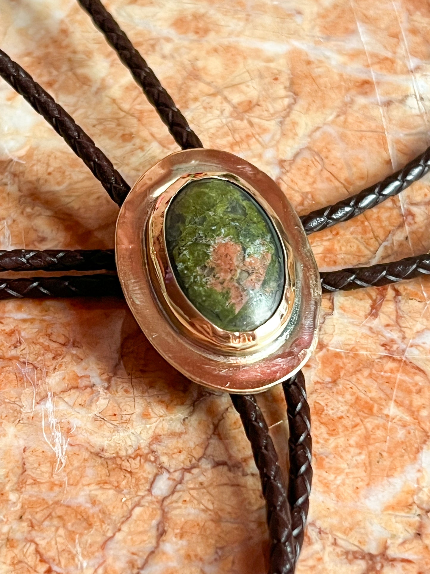 Unakite Jasper Brass Bolo Tie with Brown Leather Cord and Gold Tone Tips