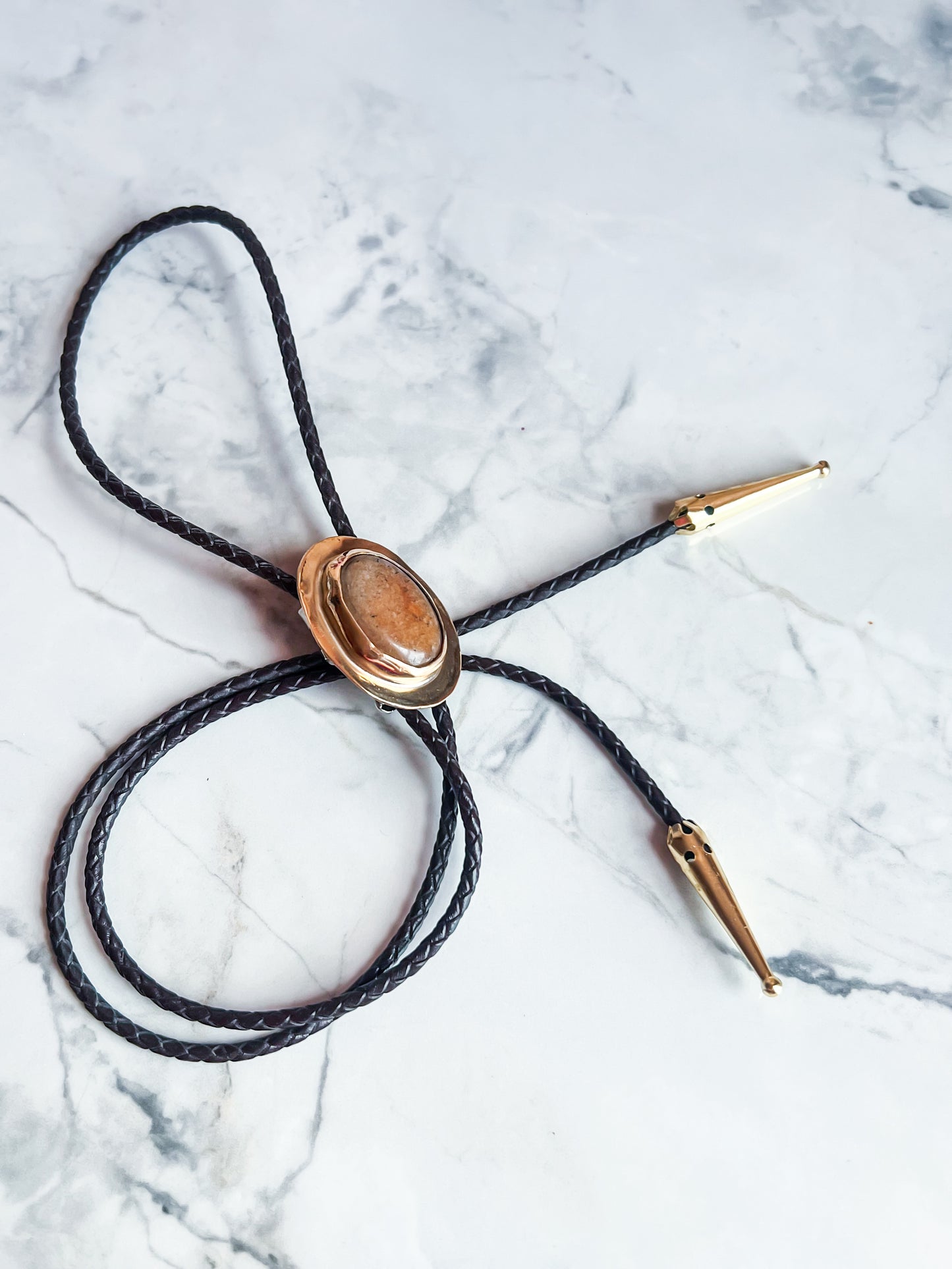 Red Aventurine Brass Bolo Tie with Brown Leather Cord and Gold Tone Tips