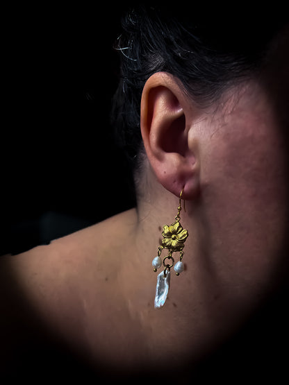Antique Brass Flower Earrings With Baroque Pearl Fringe