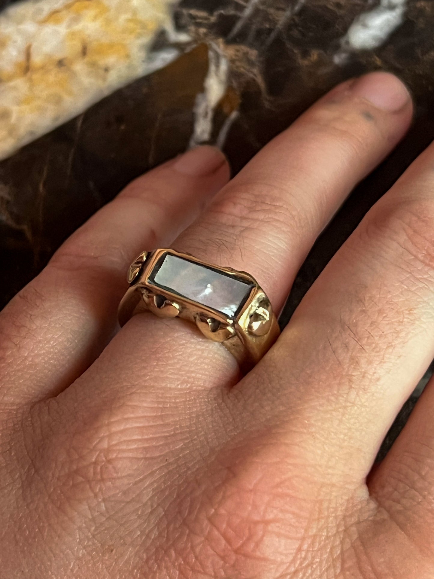 Brass Hollow Formed Ring with Vintage Heart Details and Inlaid Mother of Pearl