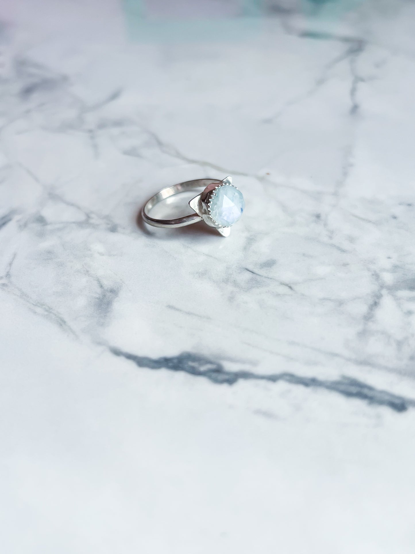 Sterling Silver Triangle Ring with Rainbow Moonstone