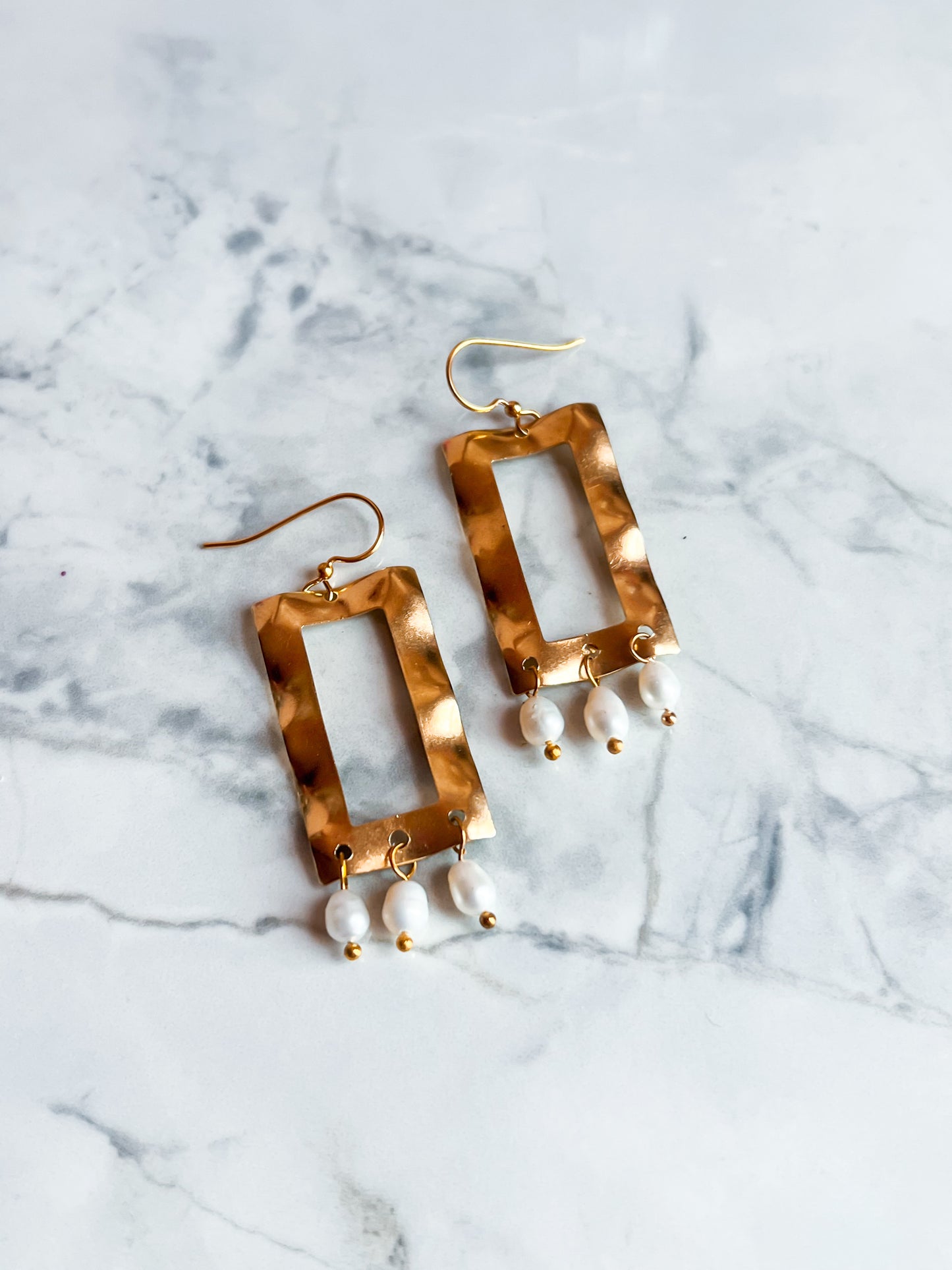 Brass Wiggly Frame Earrings Fringed with Seed Pearls