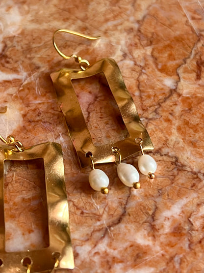 Brass Wiggly Frame Earrings Fringed with Seed Pearls