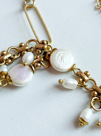 Vintage Deadstock Brass Chain Necklace With 70's "My Album" Photo Locket, Brass Capped White Coin, and Rice Pearl Fringe