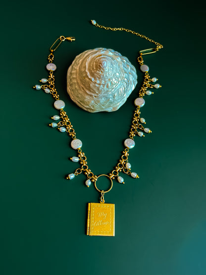 Vintage Deadstock Brass Chain Necklace With 70's "My Album" Photo Locket, Brass Capped White Coin, and Rice Pearl Fringe