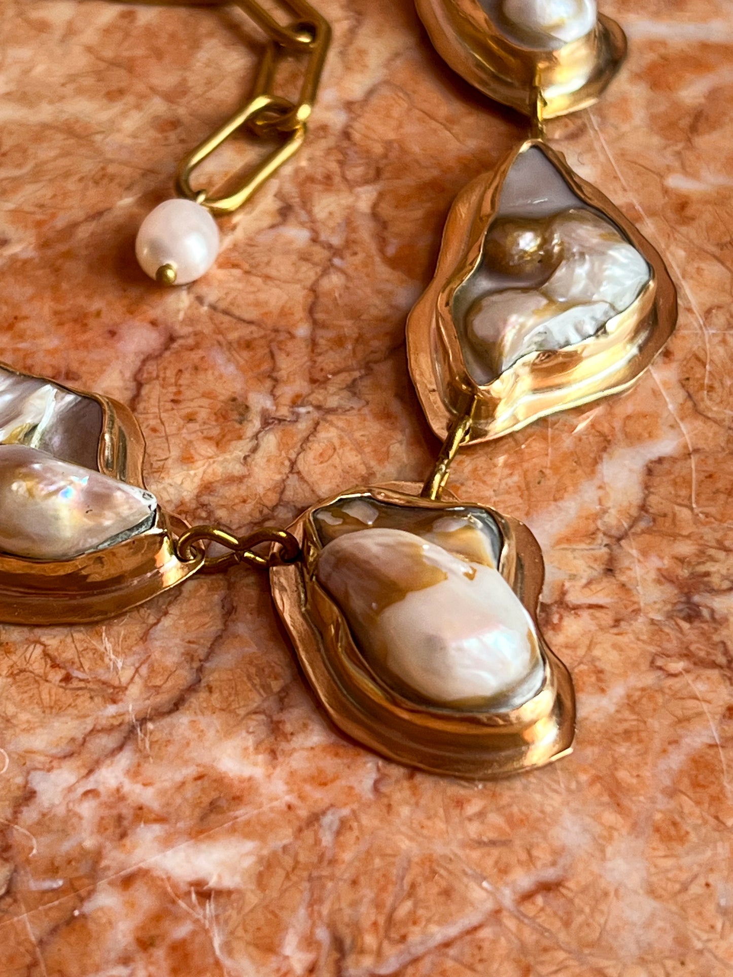 Heavy Statement Bezel-Set Pearl Cluster Chain Necklace