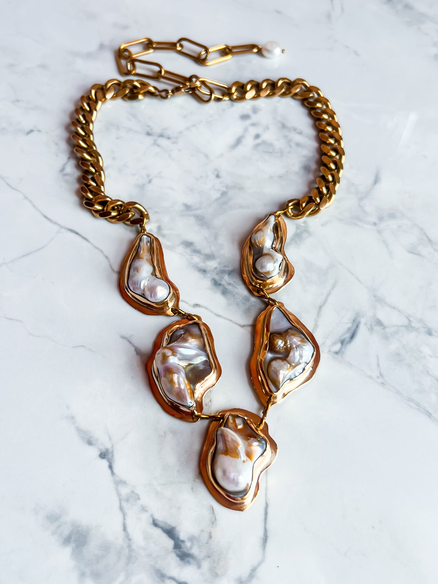 Heavy Statement Bezel-Set Pearl Cluster Chain Necklace