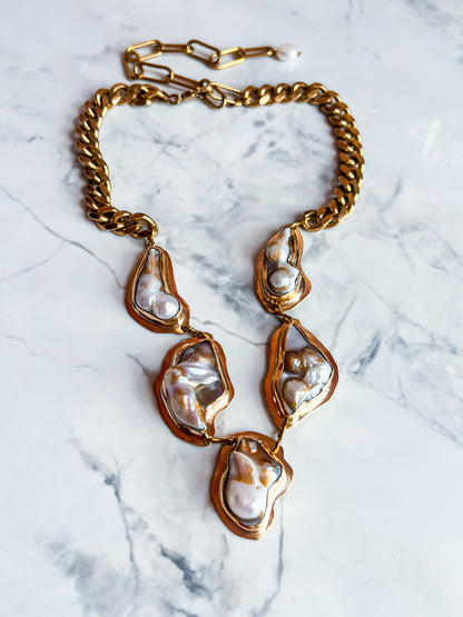 Heavy Statement Bezel-Set Pearl Cluster Chain Necklace