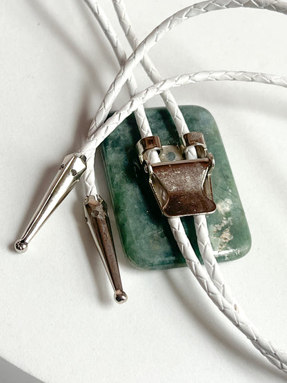 Jade Bolo Tie With White Leather Cord and Silver Tone Tips