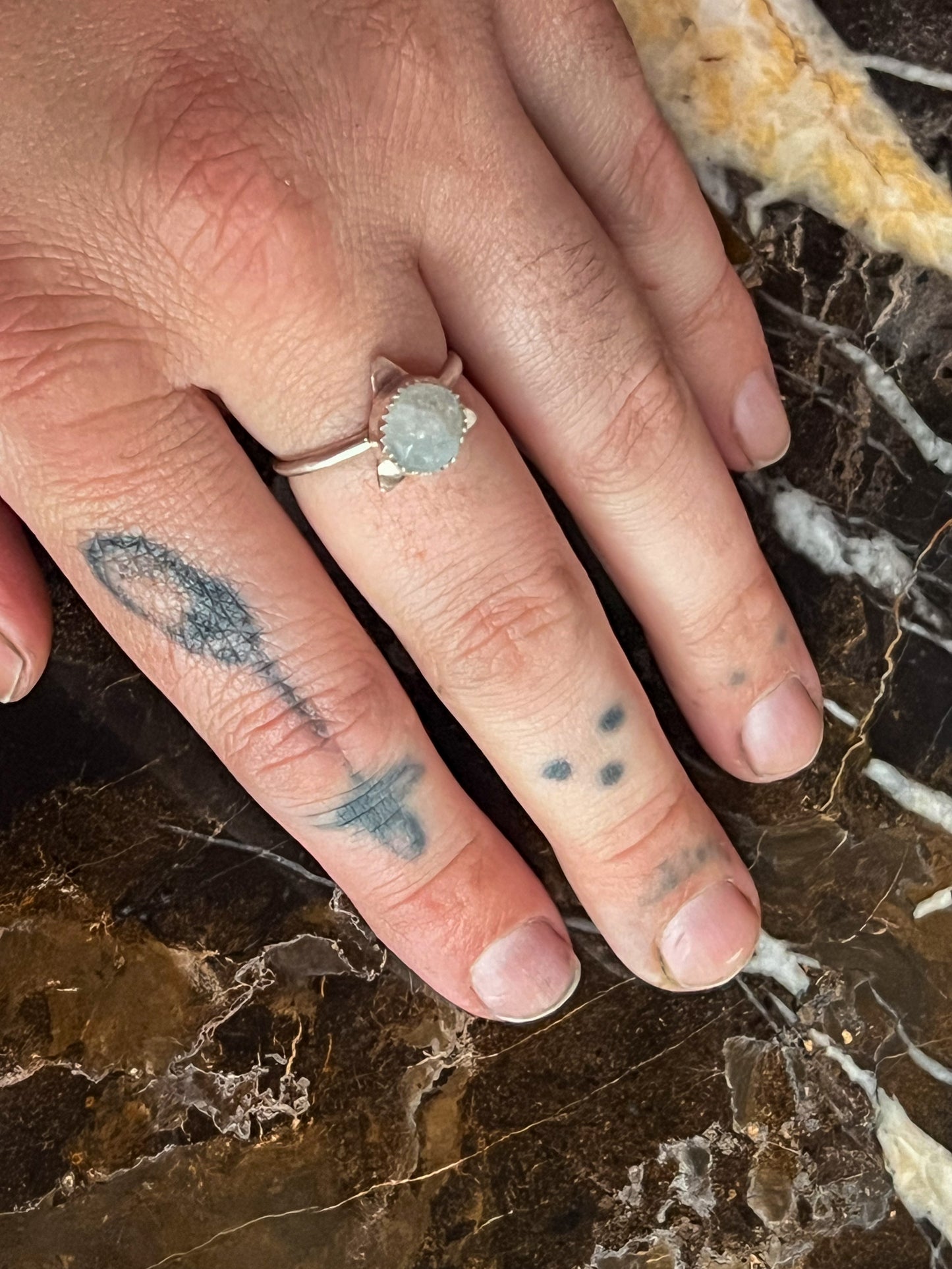 Sterling Silver Triangle Ring with Rainbow Moonstone