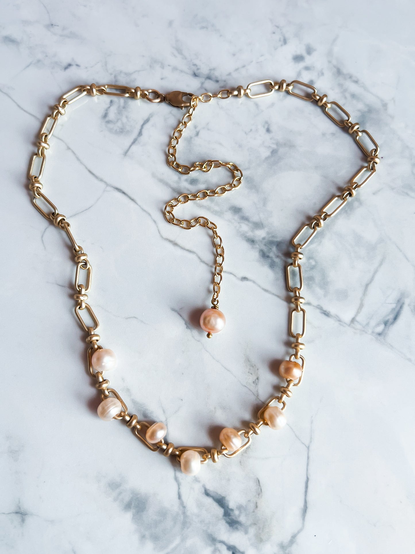 Vintage Matte Finish Chain Necklace with Captive Peach and Cream Pearls