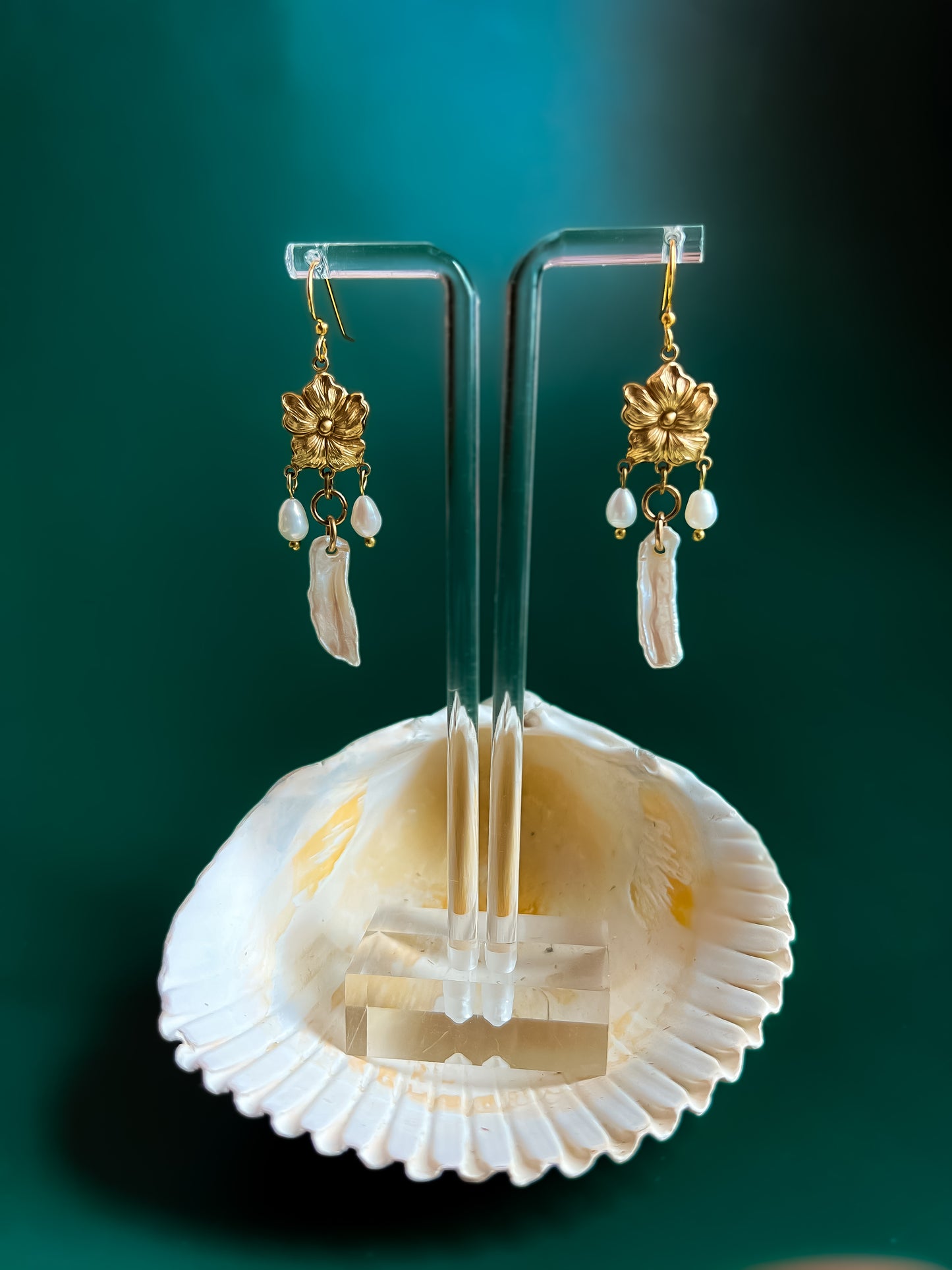 Antique Brass Flower Earrings With Baroque Pearl Fringe