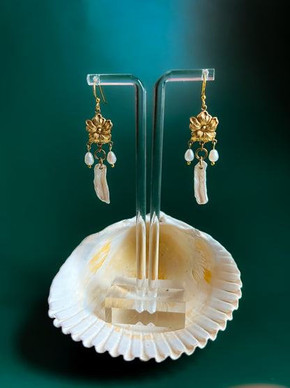 Antique Brass Flower Earrings With Baroque Pearl Fringe